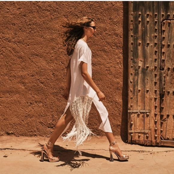 Zara 100% linen fringed macrame white dress Size M - Picture 8 of 17